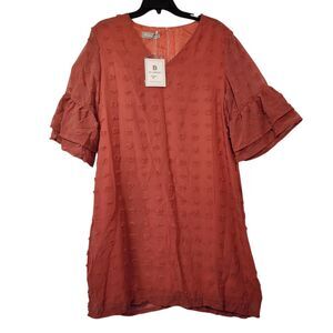BELONGSCI Dress V-Neck Ruffle Bell Sleeve Swiss Dot Shift Dress Brown  X-Large